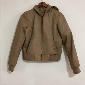 90s Vintage FJ Leather Tan Neutral Hooded Jacket Size Large 100% Genuine Leather